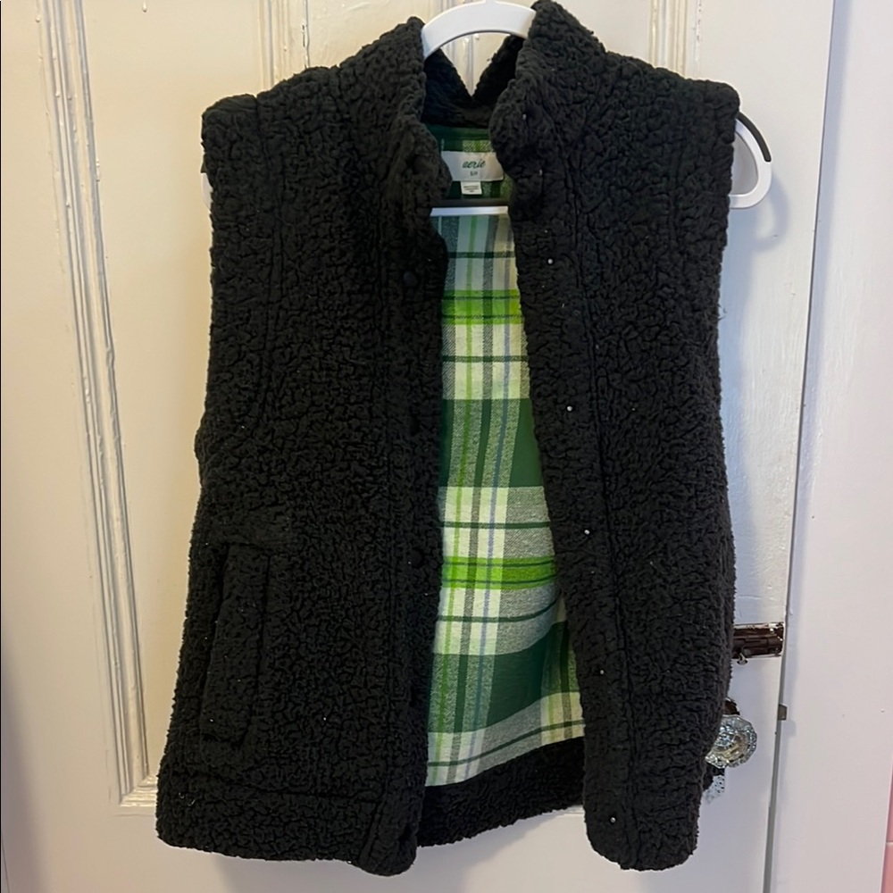 Black Sherpa Vest with Green Plaid Lining